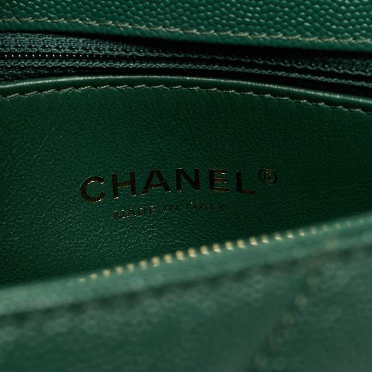Pre Owned Chanel Coco Small Green Chevron Caviar Leather and Lizard Top Handle Bag