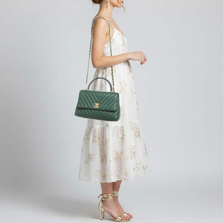 Pre Owned Chanel Coco Small Green Chevron Caviar Leather and Lizard Top Handle Bag