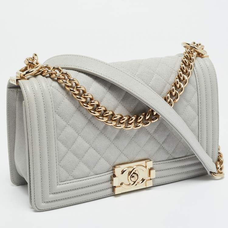 Pre Owned Chanel Boy Medium Grey Quilted Caviar Leather Flap Bag