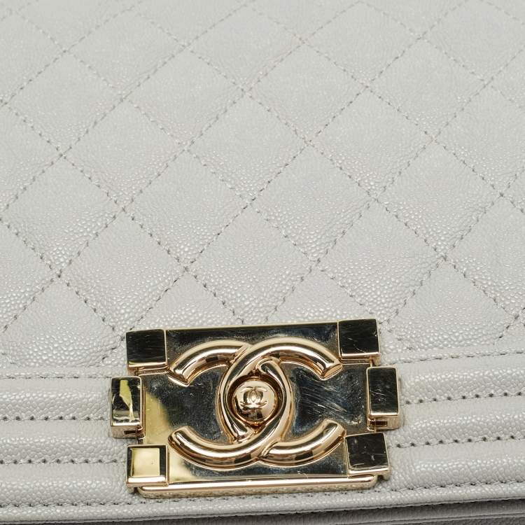 Pre Owned Chanel Boy Medium Grey Quilted Caviar Leather Flap Bag