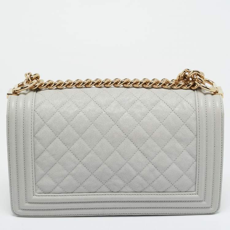 Pre Owned Chanel Boy Medium Grey Quilted Caviar Leather Flap Bag