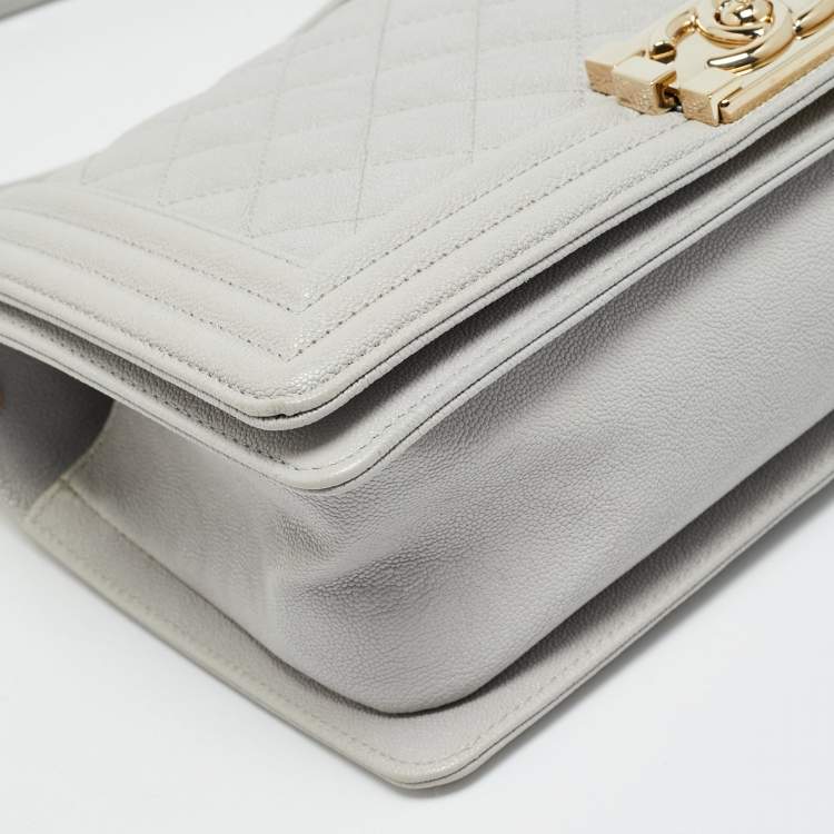 Pre Owned Chanel Boy Medium Grey Quilted Caviar Leather Flap Bag
