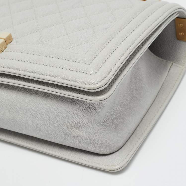 Pre Owned Chanel Boy Medium Grey Quilted Caviar Leather Flap Bag
