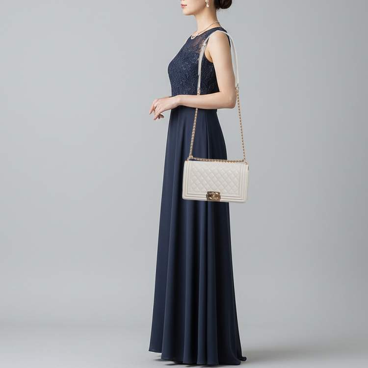 Pre Owned Chanel Boy Medium Grey Quilted Caviar Leather Flap Bag