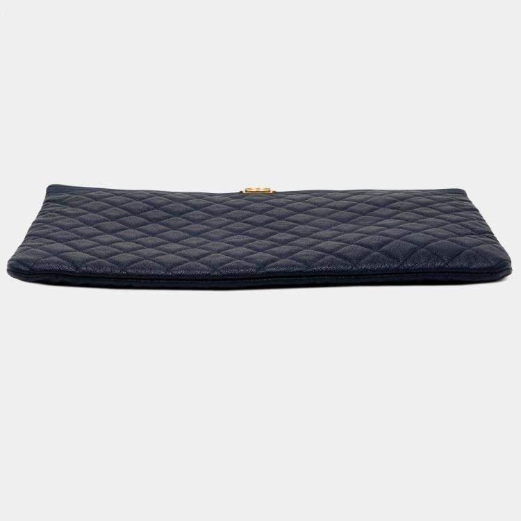 Pre Owned Chanel Blue Large Quilted Caviar Boy O Case Clutch