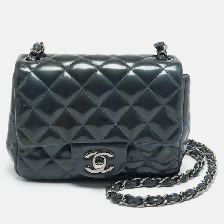 Pre Owned Chanel Square Classic Single Flap Mini Dark Teal Quilted Patent Leather Bag