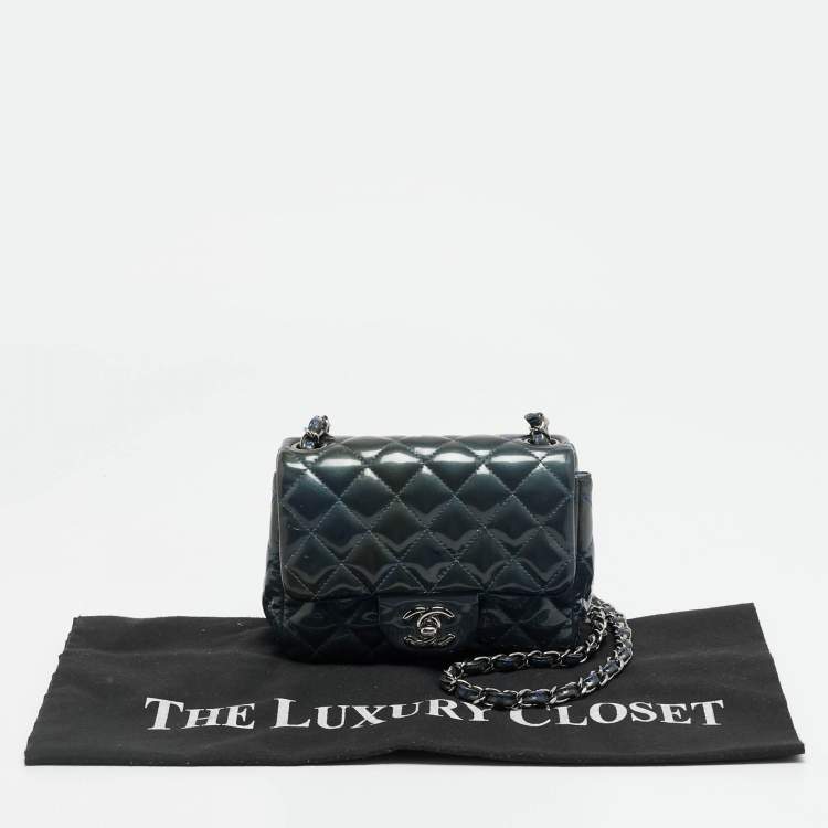 Pre Owned Chanel Square Classic Single Flap Mini Dark Teal Quilted Patent Leather Bag