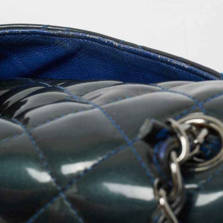 Pre Owned Chanel Square Classic Single Flap Mini Dark Teal Quilted Patent Leather Bag