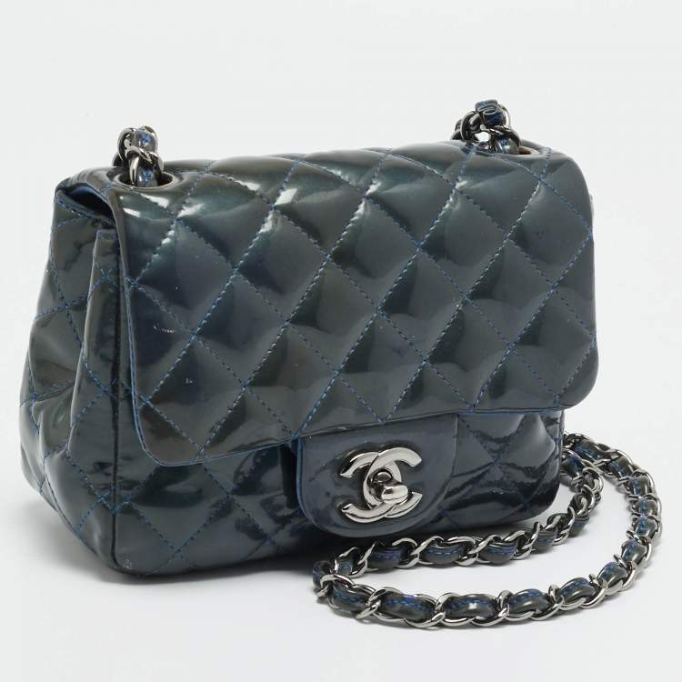 Pre Owned Chanel Square Classic Single Flap Mini Dark Teal Quilted Patent Leather Bag