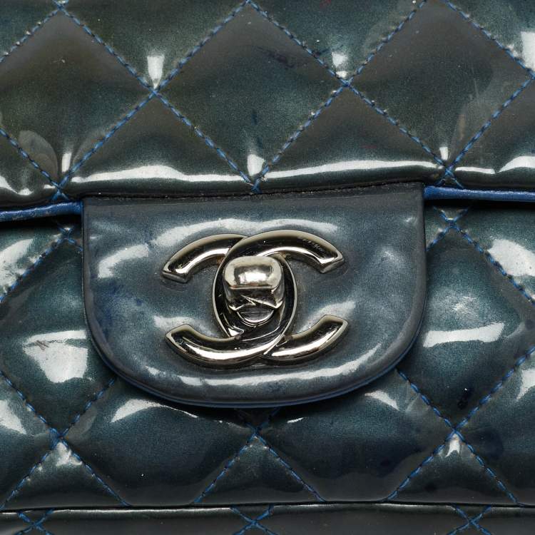 Pre Owned Chanel Square Classic Single Flap Mini Dark Teal Quilted Patent Leather Bag