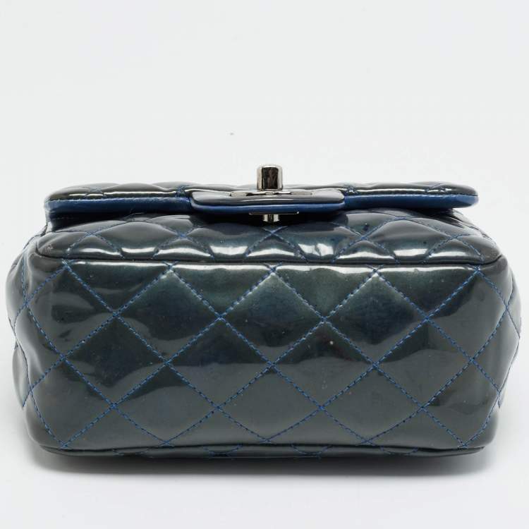 Pre Owned Chanel Square Classic Single Flap Mini Dark Teal Quilted Patent Leather Bag