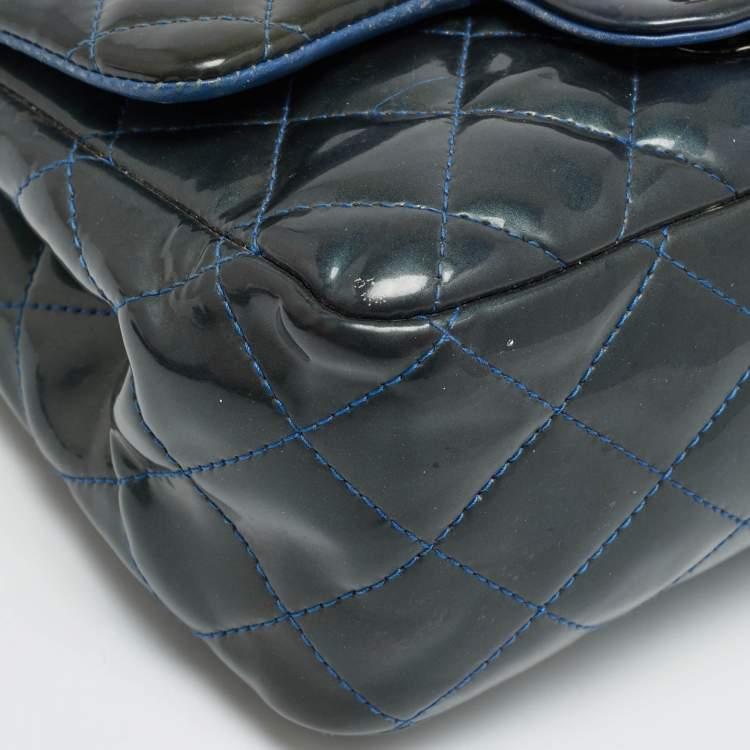 Pre Owned Chanel Square Classic Single Flap Mini Dark Teal Quilted Patent Leather Bag