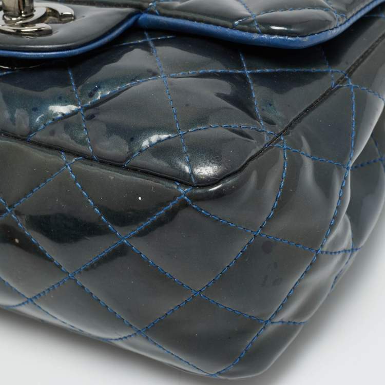 Pre Owned Chanel Square Classic Single Flap Mini Dark Teal Quilted Patent Leather Bag