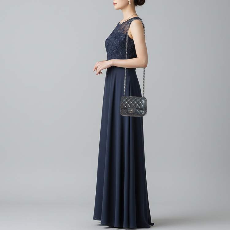 Pre Owned Chanel Square Classic Single Flap Mini Dark Teal Quilted Patent Leather Bag