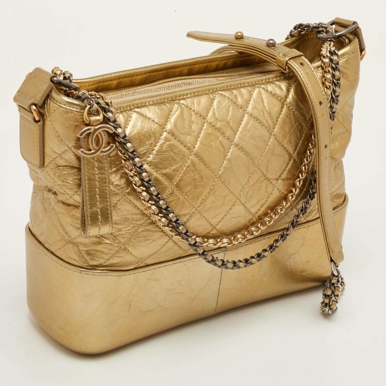 Pre Owned Chanel Gabrielle Large Metallic Gold Quilted Leather Shoulder Bag