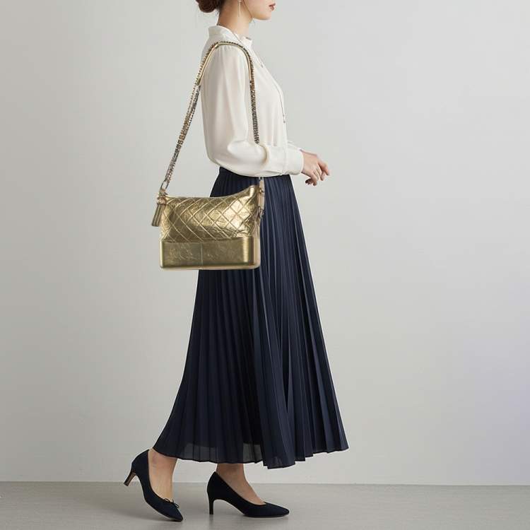 Pre Owned Chanel Gabrielle Large Metallic Gold Quilted Leather Shoulder Bag