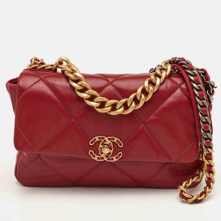 Pre Owned Chanel 19 Large Red Quilted Leather Flap Bag