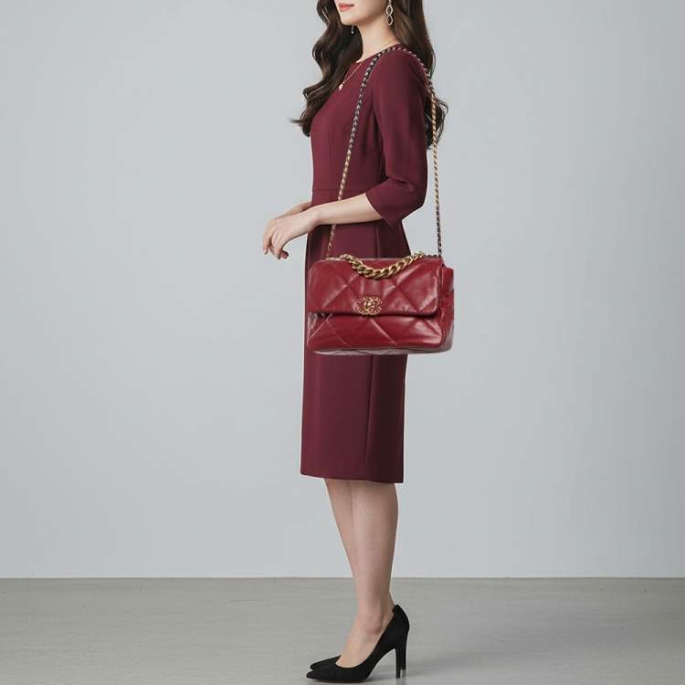 Pre Owned Chanel 19 Large Red Quilted Leather Flap Bag