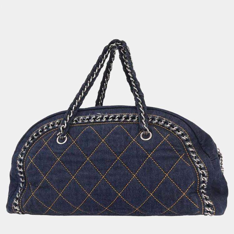Pre Owned Chanel Navy Denim Luxury Line Bowling Bag Handbag