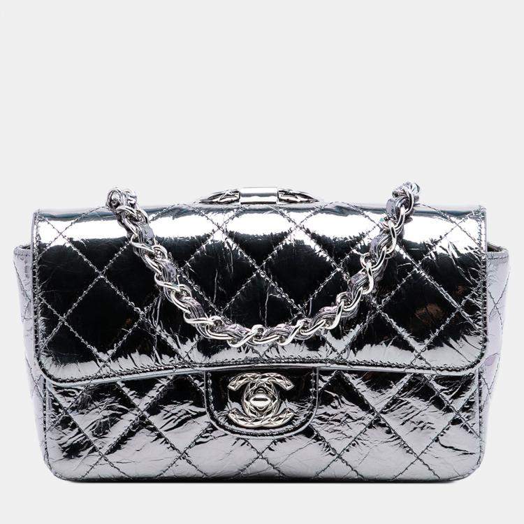 Pre Owned Chanel Silver Mini Quilted Metallic Calfskin Ring Top Handle Flap