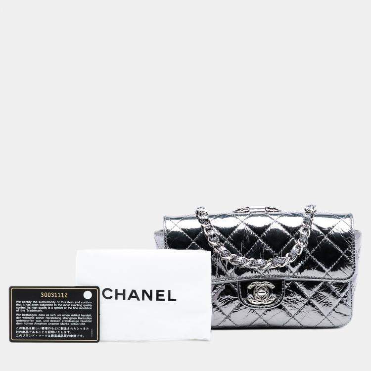 Pre Owned Chanel Silver Mini Quilted Metallic Calfskin Ring Top Handle Flap