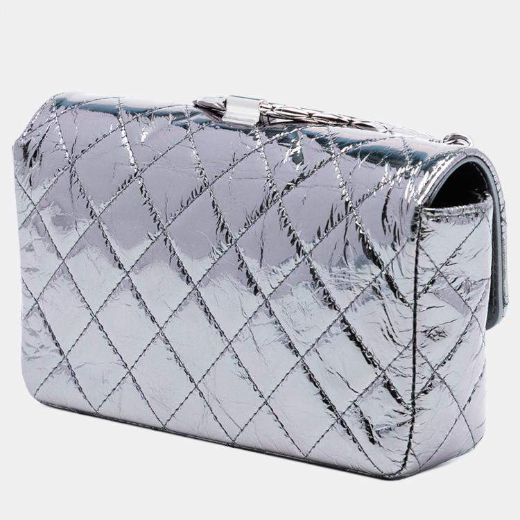 Pre Owned Chanel Silver Mini Quilted Metallic Calfskin Ring Top Handle Flap