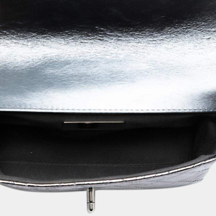 Pre Owned Chanel Silver Mini Quilted Metallic Calfskin Ring Top Handle Flap