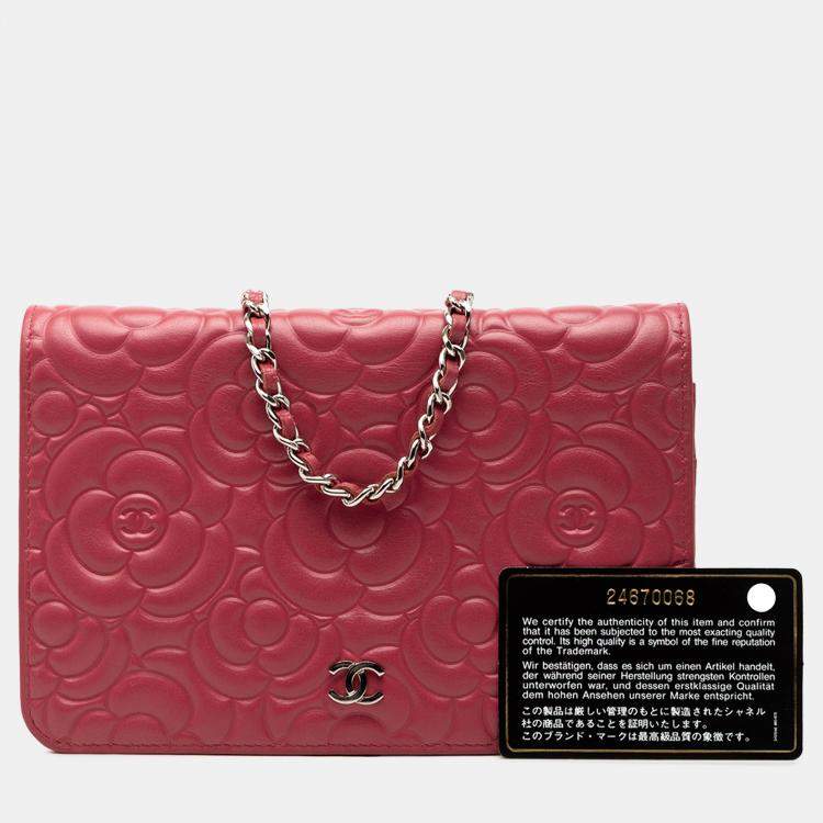 Pre Owned Chanel Pink CC Embossed Lambskin Camellia Wallet On Chain
