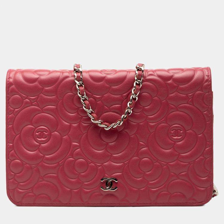 Pre Owned Chanel Pink CC Embossed Lambskin Camellia Wallet On Chain
