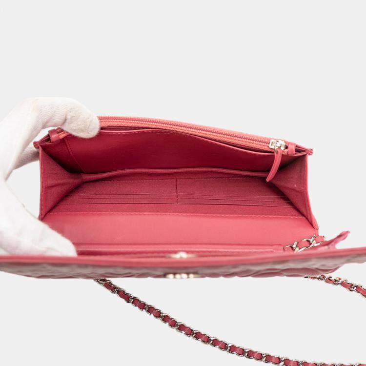 Pre Owned Chanel Pink CC Embossed Lambskin Camellia Wallet On Chain