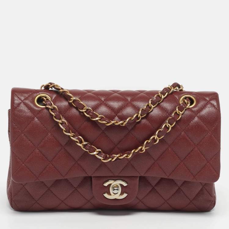 Pre Owned Chanel Classic Double Flap Medium Dark Red Quilted Caviar Leather Shoulder Bag
