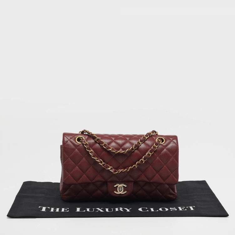 Pre Owned Chanel Classic Double Flap Medium Dark Red Quilted Caviar Leather Shoulder Bag