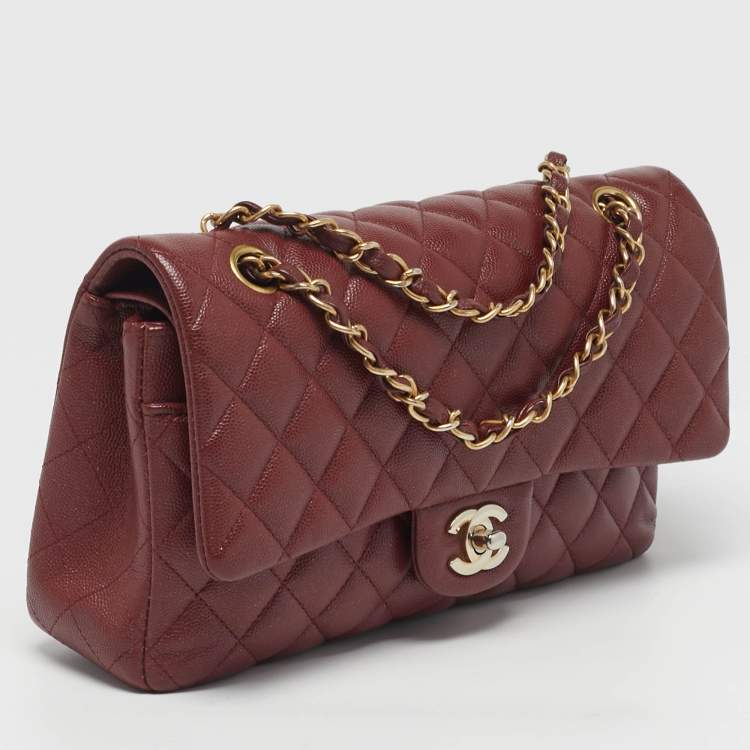 Pre Owned Chanel Classic Double Flap Medium Dark Red Quilted Caviar Leather Shoulder Bag
