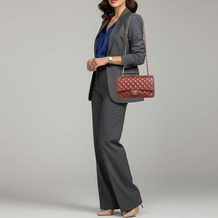 Pre Owned Chanel Classic Double Flap Medium Dark Red Quilted Caviar Leather Shoulder Bag