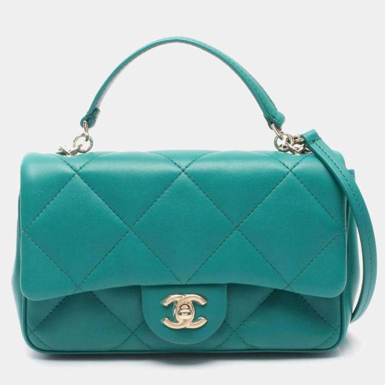 Pre Owned Chanel Top Handle Matelasse Shoulder Bag In Lambskin Leather Green