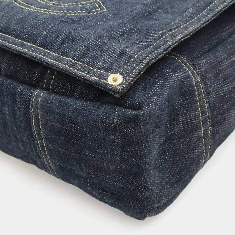 Pre Owned Chanel Sparkling Denim Coco Mark Shoulder Bag Indigo Blue