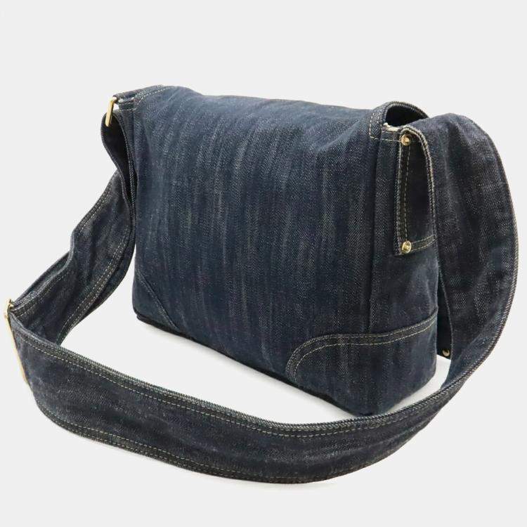 Pre Owned Chanel Sparkling Denim Coco Mark Shoulder Bag Indigo Blue