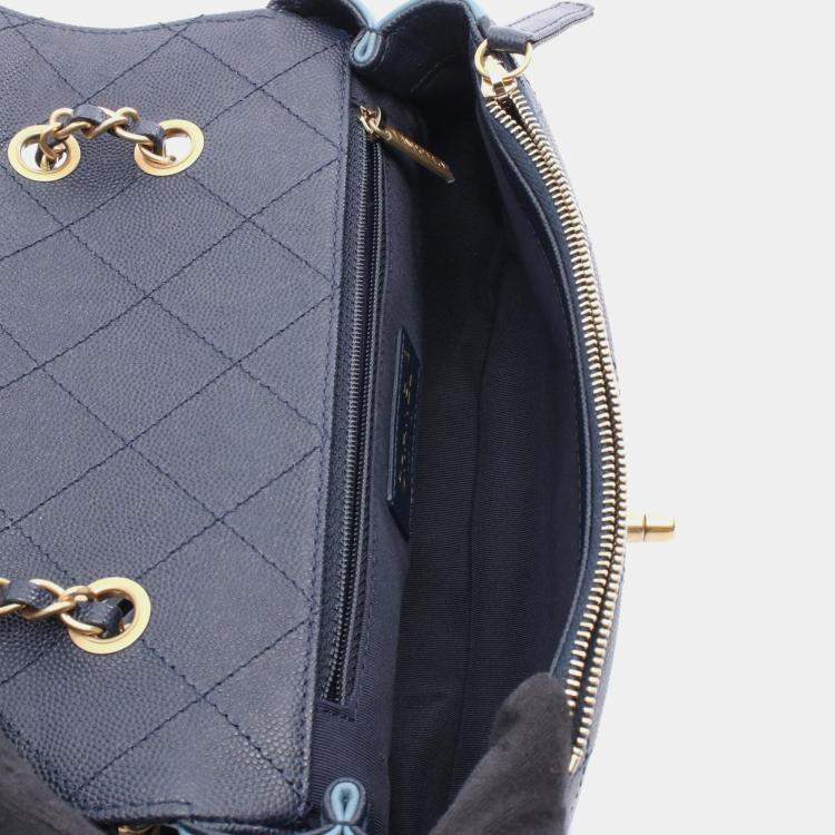 Pre Owned Chanel Chain Around Flap Bag Shoulder Leather Blue Navy