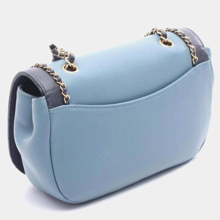 Pre Owned Chanel Chain Around Flap Bag Shoulder Leather Blue Navy