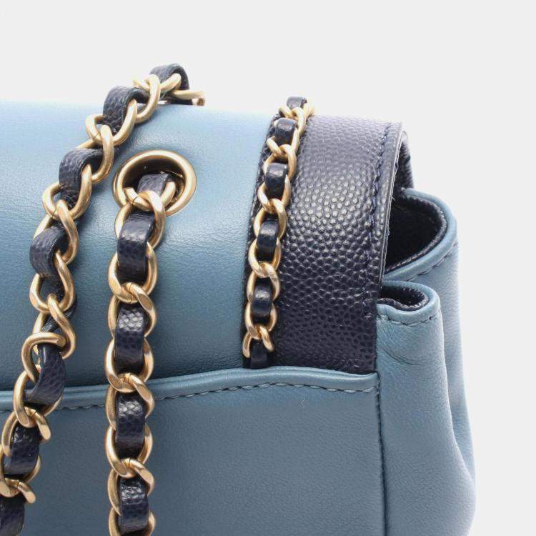 Pre Owned Chanel Chain Around Flap Bag Shoulder Leather Blue Navy