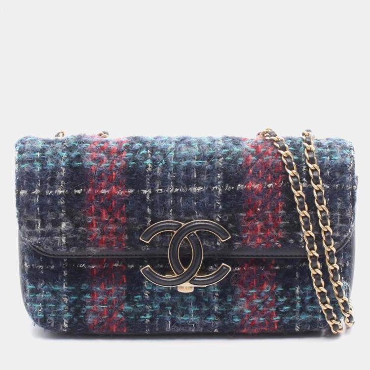 Pre Owned Chanel Coco Mark Double Flap Shoulder Bag Fabric And Leather Navy Blue Multicolor