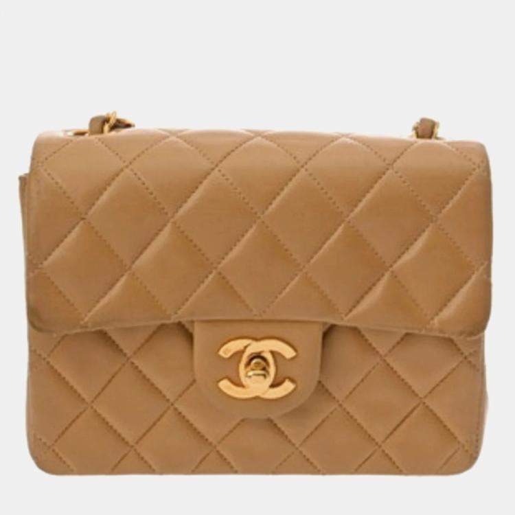 Pre Owned Chanel Matelasse Chain Shoulder Bag 18Cm Beige Lambskin