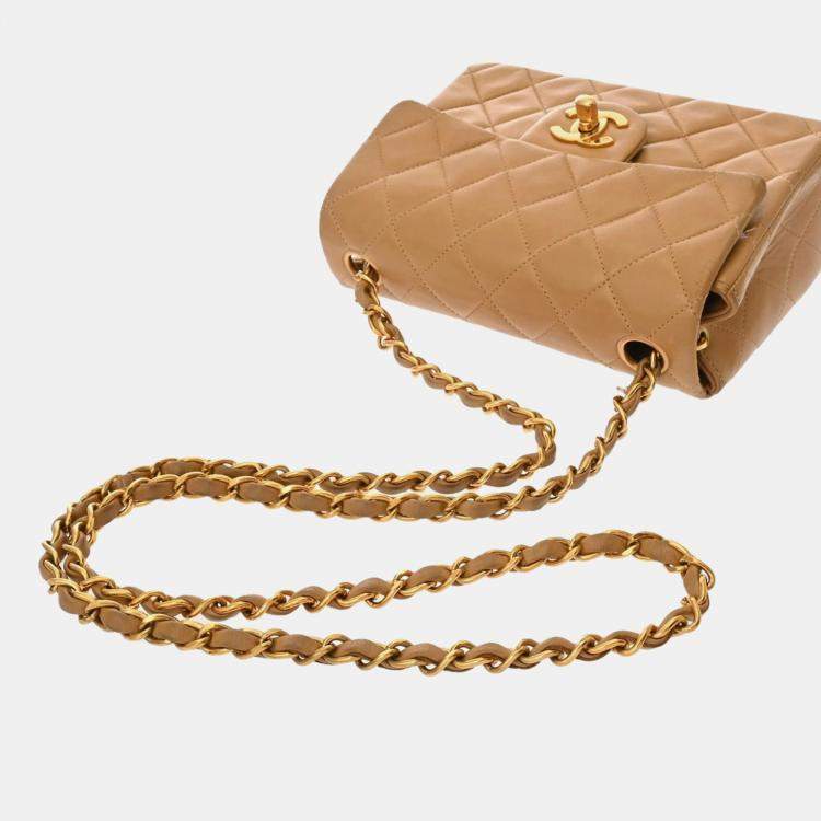 Pre Owned Chanel Matelasse Chain Shoulder Bag 18Cm Beige Lambskin
