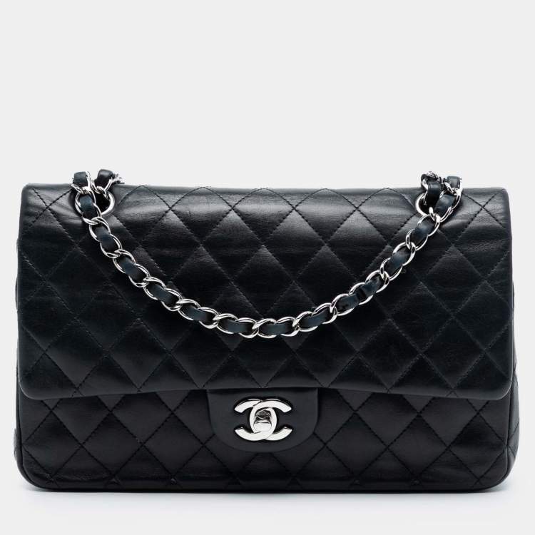 Pre Owned Chanel Black Medium Classic Lambskin Double Flap