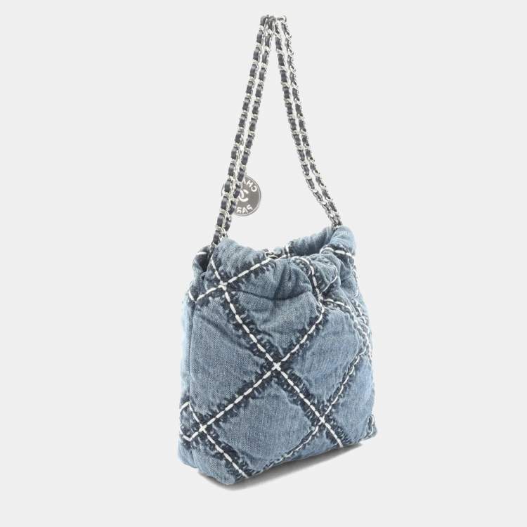 Pre Owned Chanel 22 Mini Shoulder Bag Denim And Leather Blue