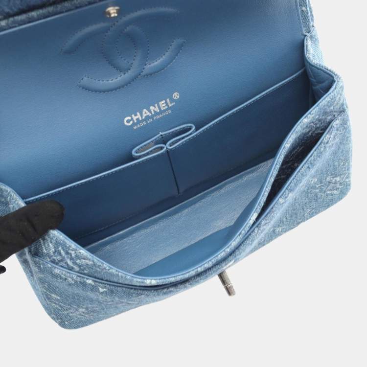 Pre Owned Chanel Coco Mark Blue Denim Double Flap Shoulder Bag 