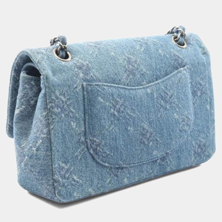 Pre Owned Chanel Coco Mark Blue Denim Double Flap Shoulder Bag 