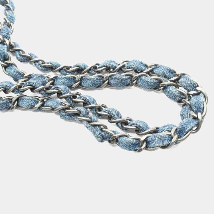 Pre Owned Chanel Coco Mark Blue Denim Double Flap Shoulder Bag 