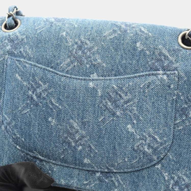 Pre Owned Chanel Coco Mark Blue Denim Double Flap Shoulder Bag 