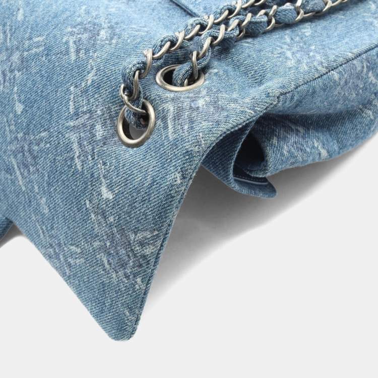 Pre Owned Chanel Coco Mark Blue Denim Double Flap Shoulder Bag 